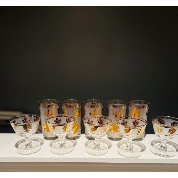 Mid-Century Libbey Gold Leaf Frosted Glasses Vintage Barware Tumblers & Goblets - Picture 4 of 7
